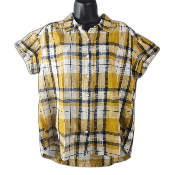 Sundance Small Textured Mustard Plaid Cotton Roll Sleeve Button Up - Picture 1 of 8